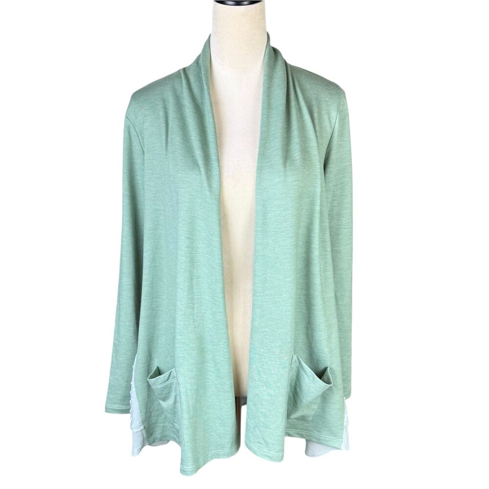 LOGO Lounge Green Lori Goldstein Open Tunic Cardigan Swiss Dot Sides Pockets